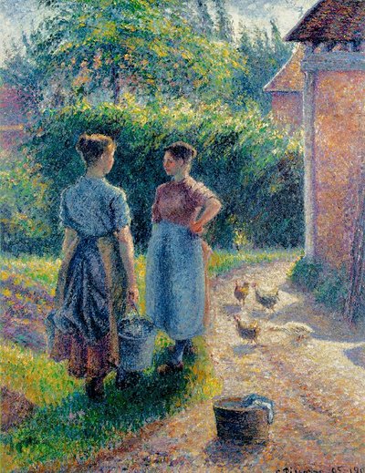 Boerinnen kletsen in Eragny, 1895-1902 door Camille Jacob Pissarro